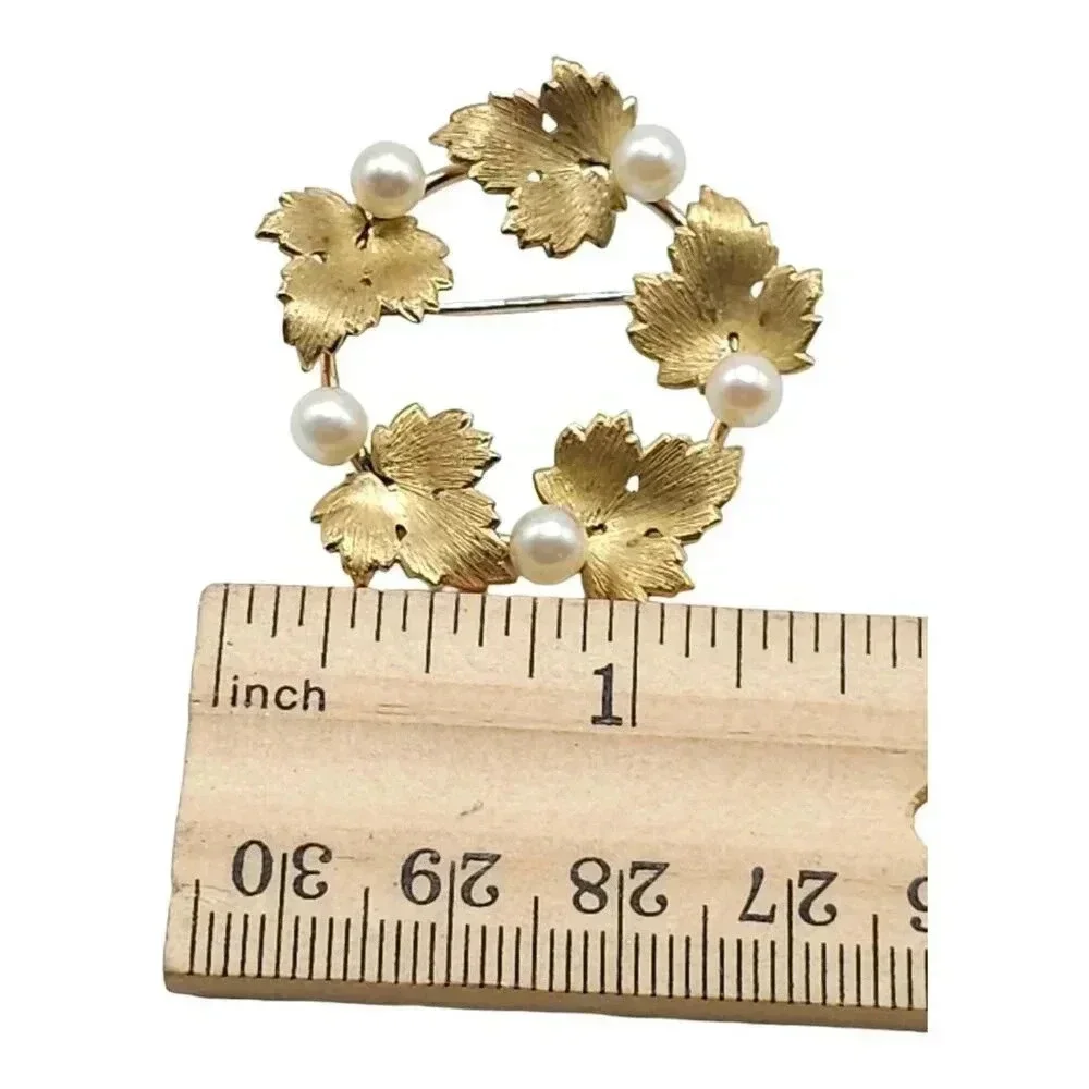 KREMETZ  Vine Leaves Wreath Brooch Pin Gold Plated Metal Genuine Pearls 1950’s